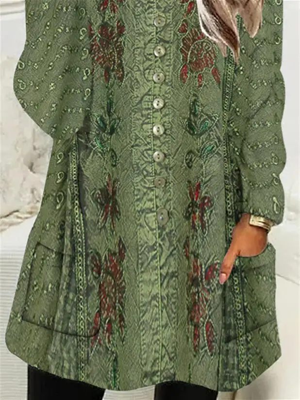 Women Long Sleeve Scoop Neck Printed Button Pockets Fleece Lined Tops