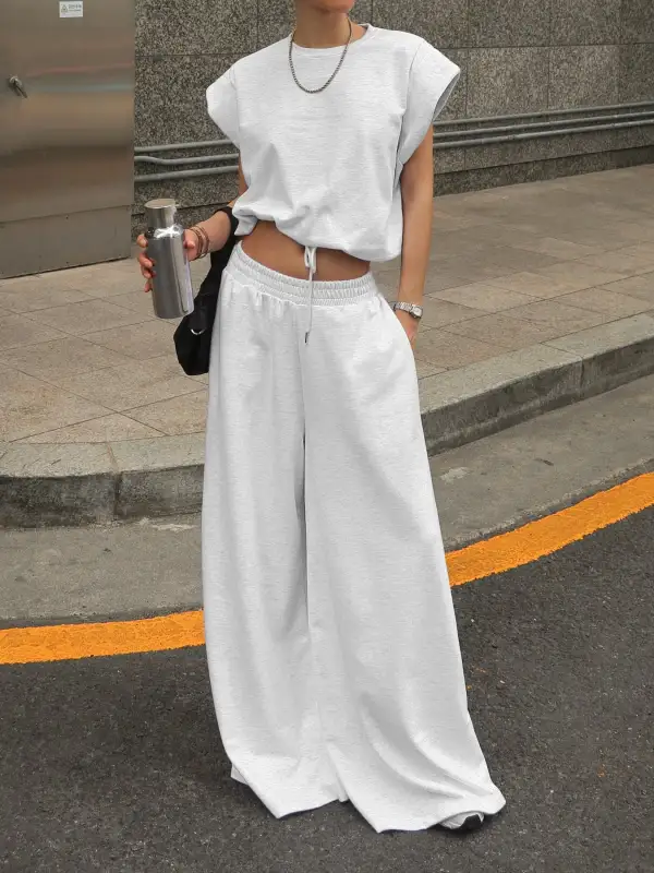 Round Neck Top And Wide Leg Pants Set