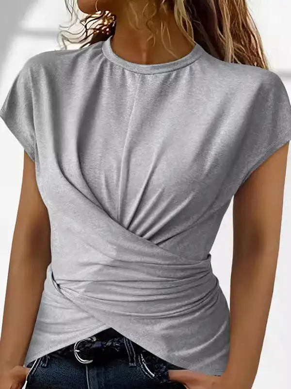 Raglan Sleeve Slim Fit Button Detail Knot Pleat Detail Round Neck T-Shirt
