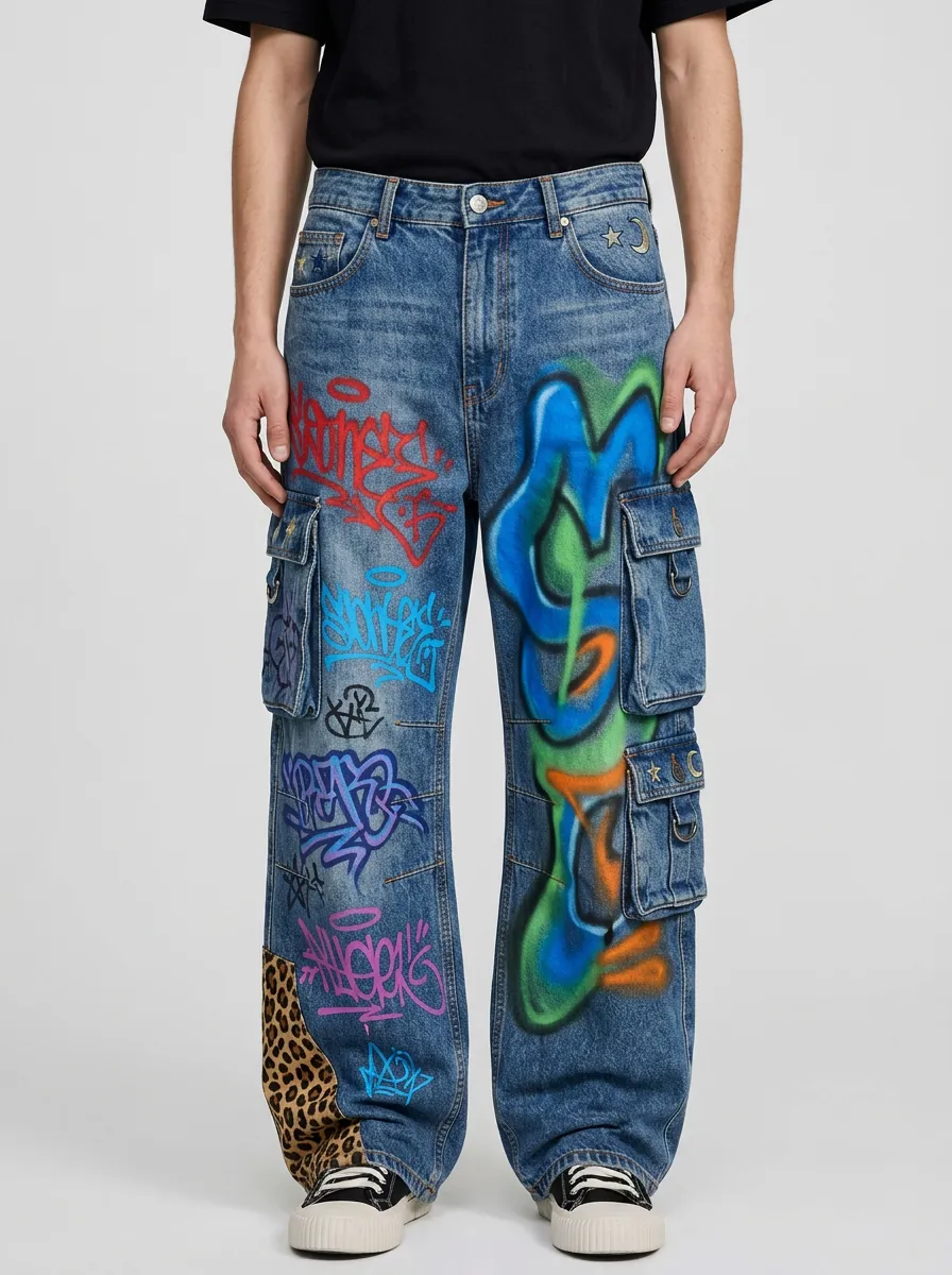 Men's Graffiti Leopard Patchwork Graphic Cargo Jeans