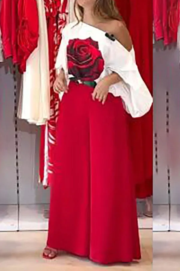 Red Wide-Leg Slash-Neck Pant Set