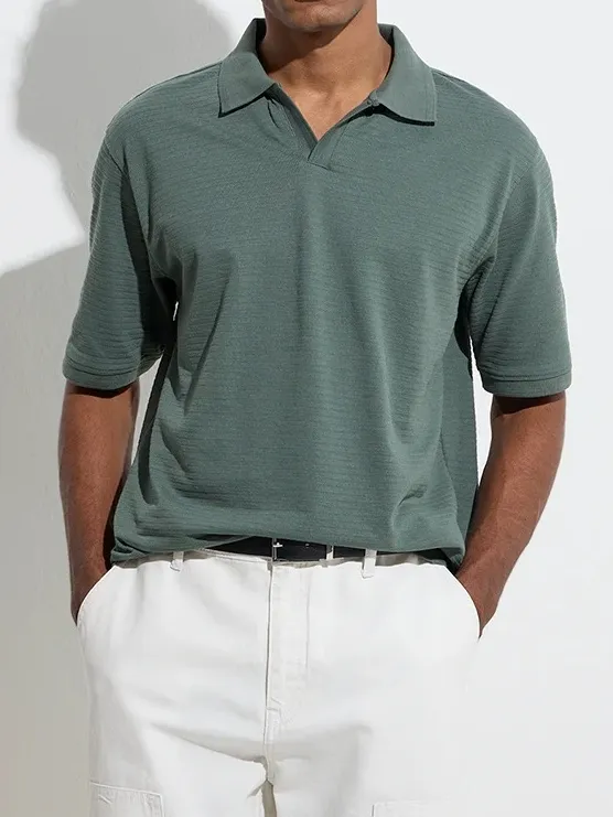 Green Loose Cotton-Blend Polo T-Shirt