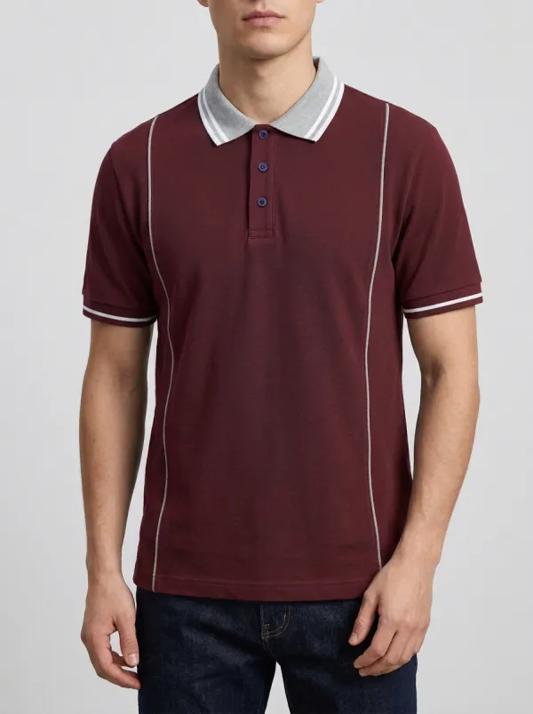 Men's Contrast Piping Striped Collar Casual Polo Shirt