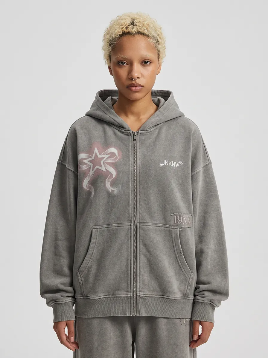 Unisex Streetwear Star Bow Graphic Printed Zip-up Hoodie