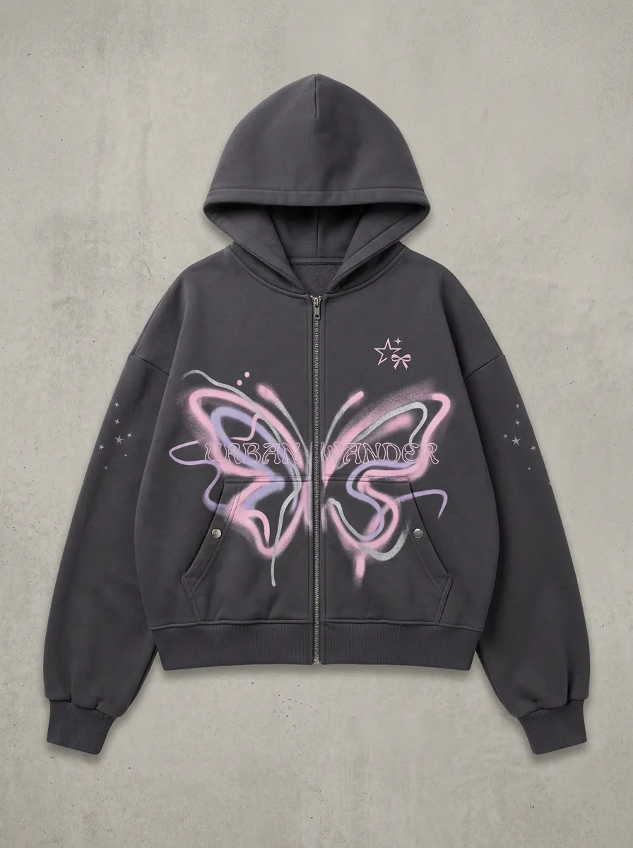 Women's Streetwear Urban Wander Butterfly Spray Paint Printed Zip Up Hoodie