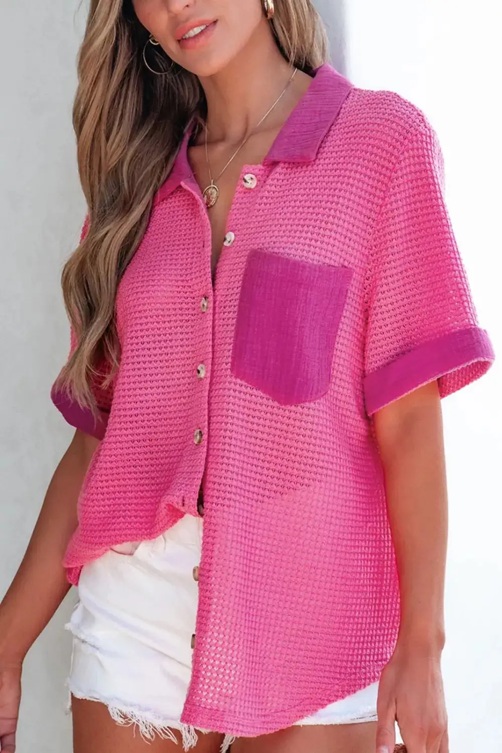 Gauze Waffle-Knit Button-Down Short Sleeve Shirt
