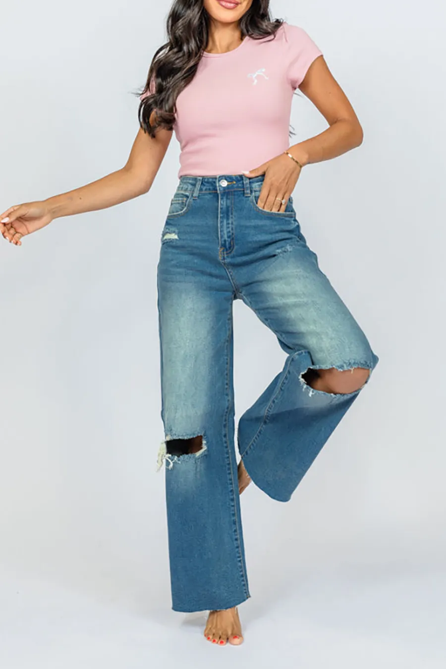 Fashionable Medium Wash Wide Leg Jeans