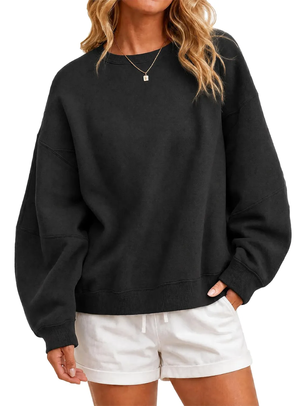 Women's Crewneck Fleece Pullover Tops In Black