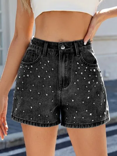 Rhinestone Washed High Waist Shorts Denim Pants