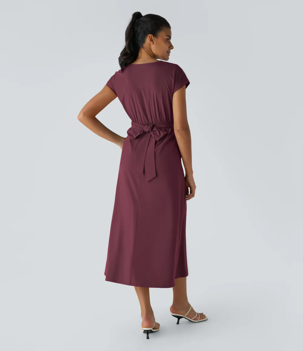 Breezeful V Neck Short Sleeve Side Pocket Tie Back Quick Dry Midi Casual Dress