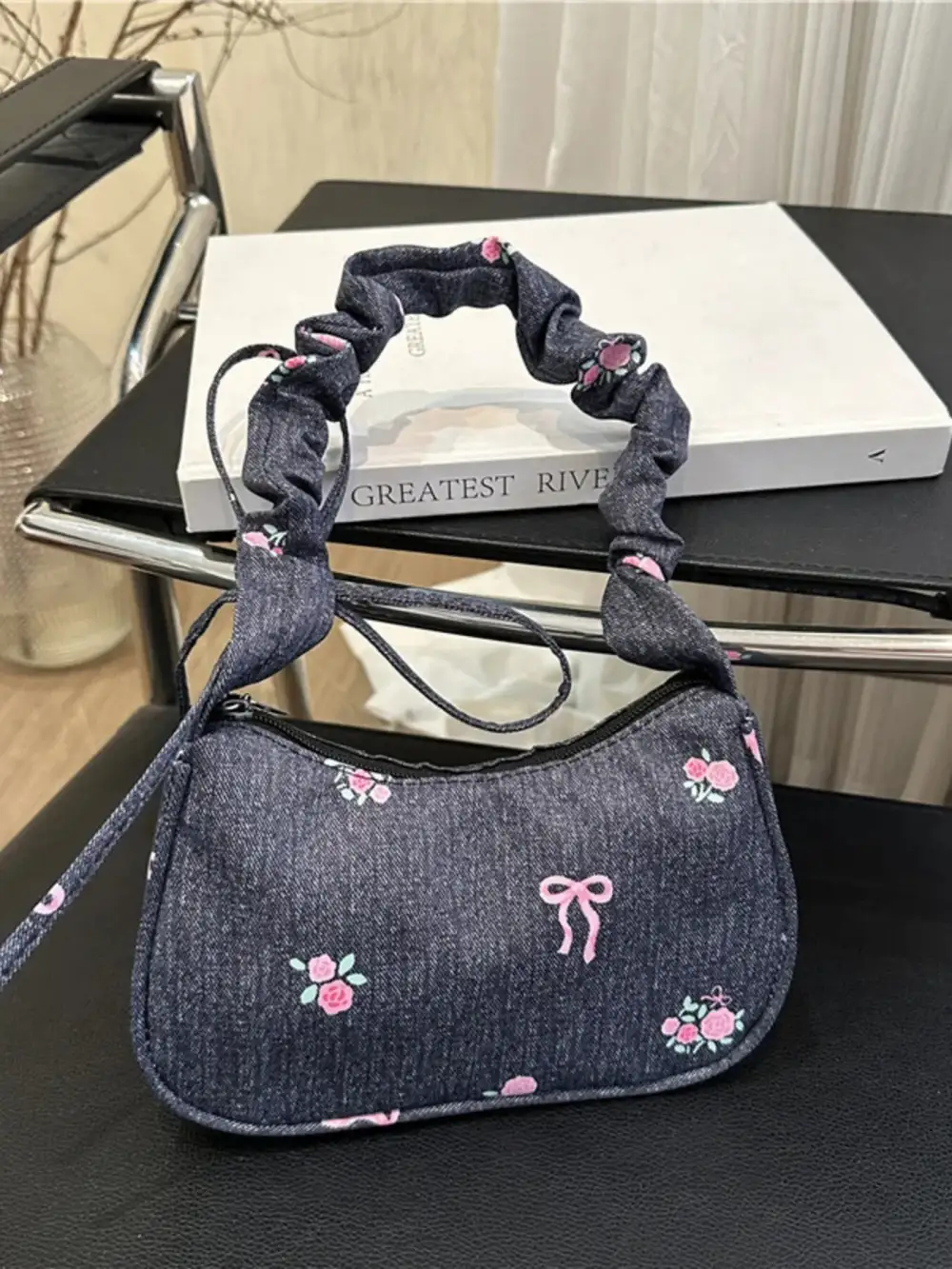 Embroidered Ruched Strap Shoulder Bag
