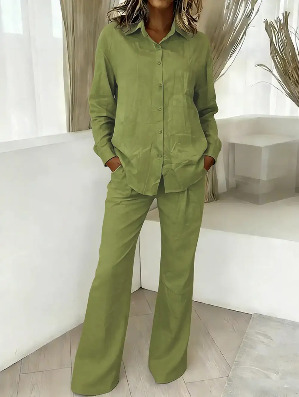 Shirt and Loose Wide-Leg Pants Suit