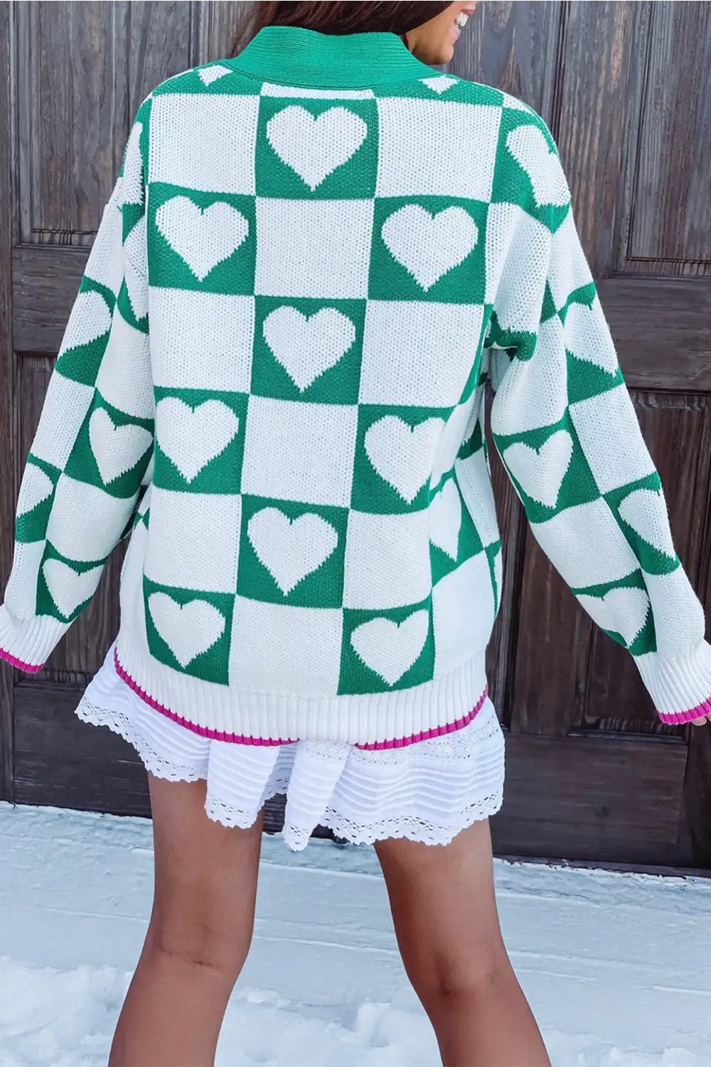 Easy Layer Checkered Button Front V Neck Cardigan