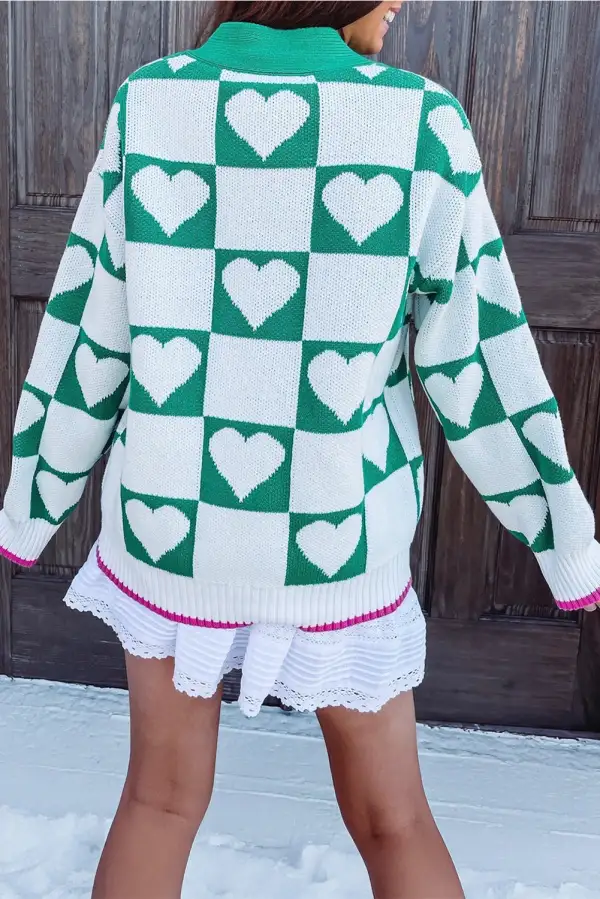 Easy Layer Checkered Button Front V Neck Cardigan