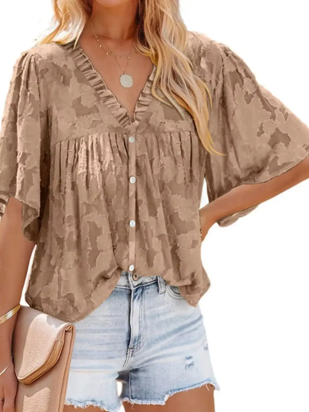 Textured V-Neck Button-Down Shirt