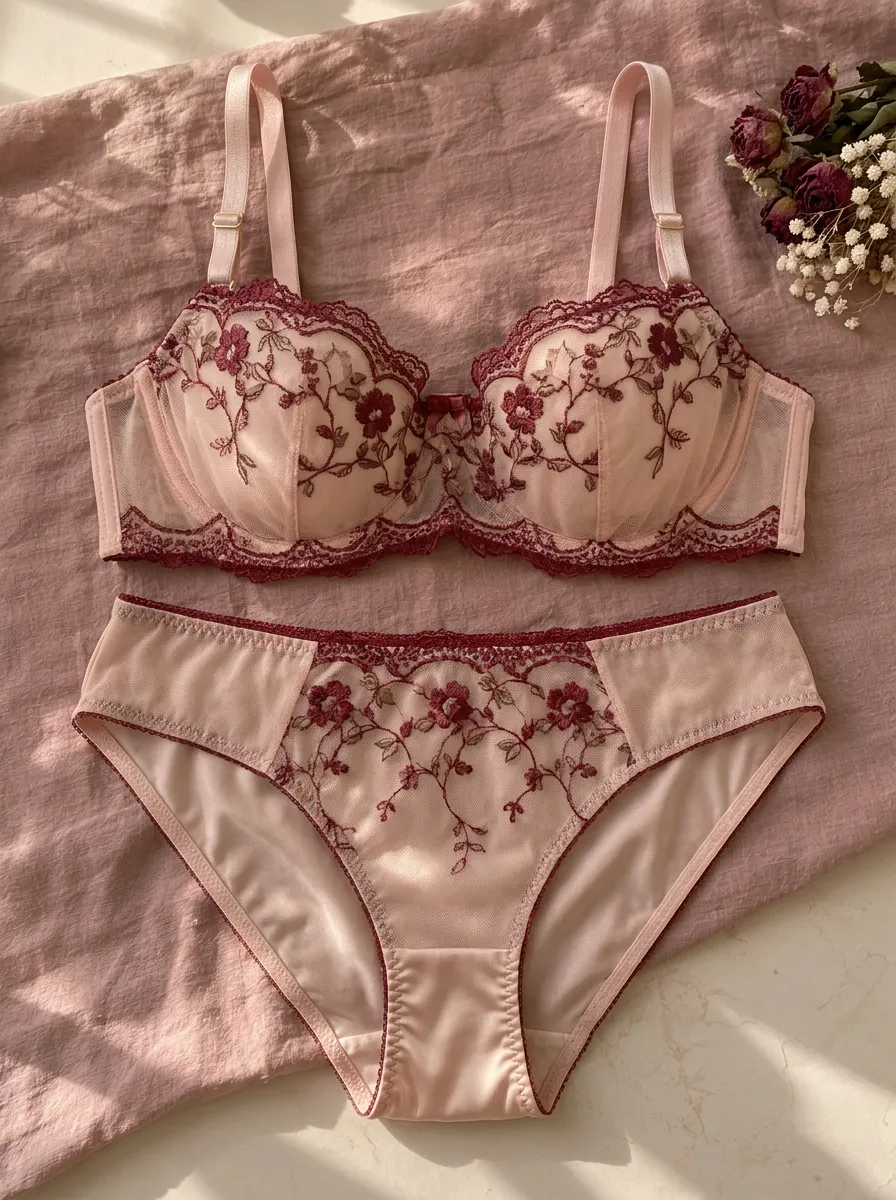 Women's Floral Embroidery Mesh Blush Lace Lingerie Set