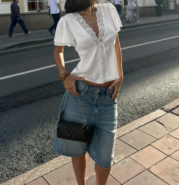 Lace Short-Sleeve V-Neck Top
