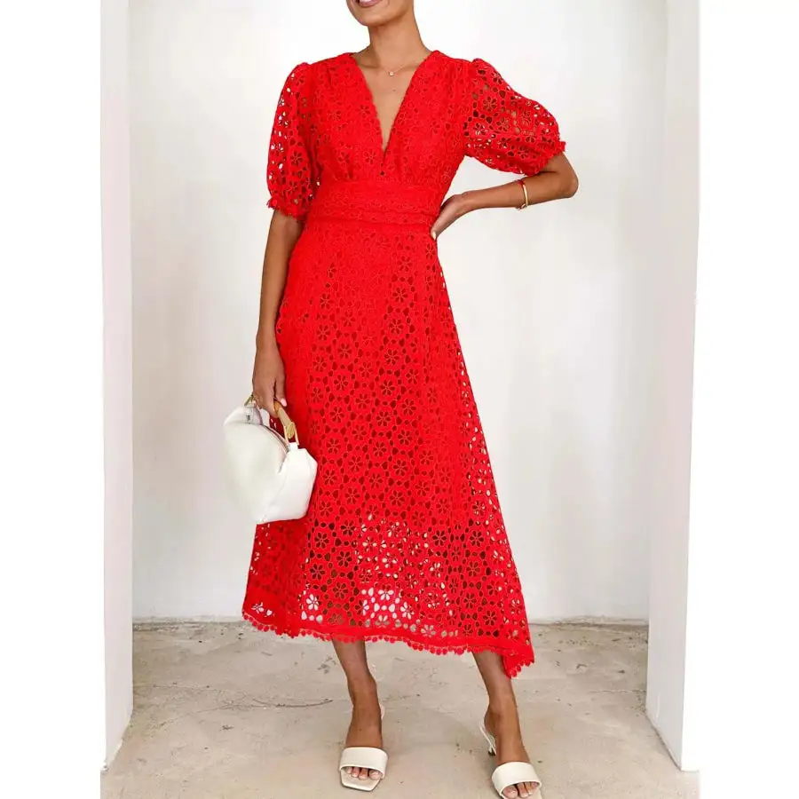 Eyelet Lace V-Neck Midi Dress with Puff Sleeves