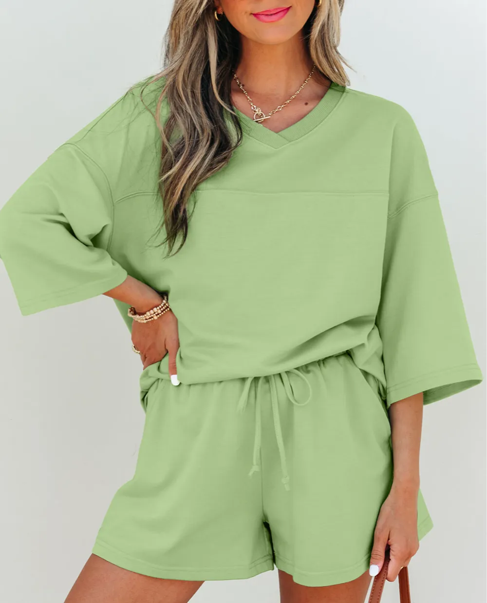 Women's Solid Loose V Neck Half Sleeve Tee and Shorts