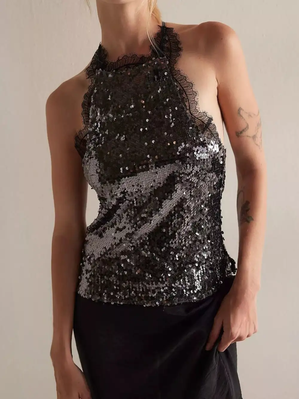 Sequin Lace Trim Halter Neck Cami