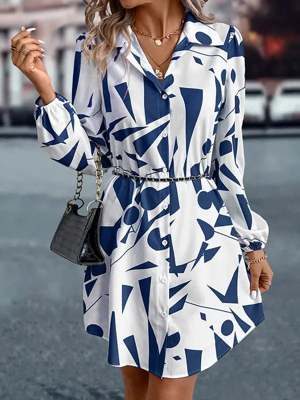 Relaxed Puff Sleeve Printed Split Joint Lapel Mini Dress Shirt Dress