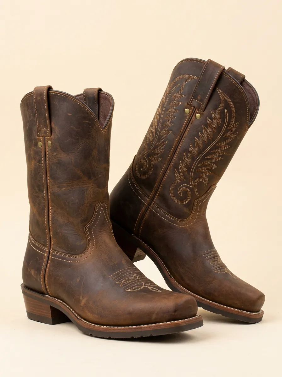 Men's Western Cowboy Distressed Leather Embroidered Western Boots