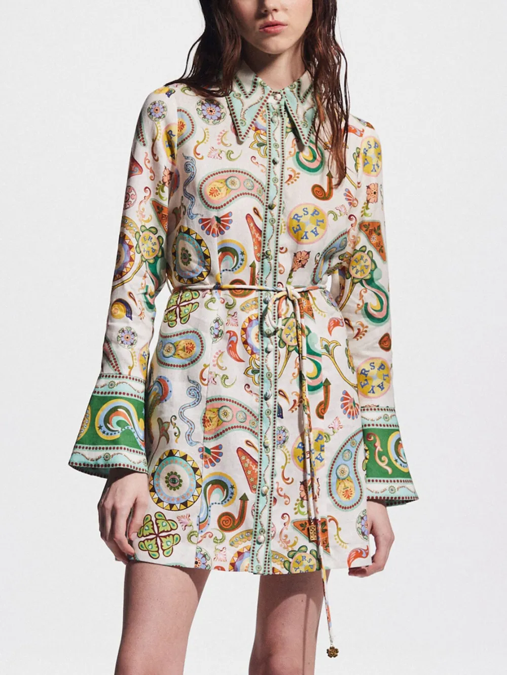 And Fashionable Printed Trumpet Sleeve Mini Dress