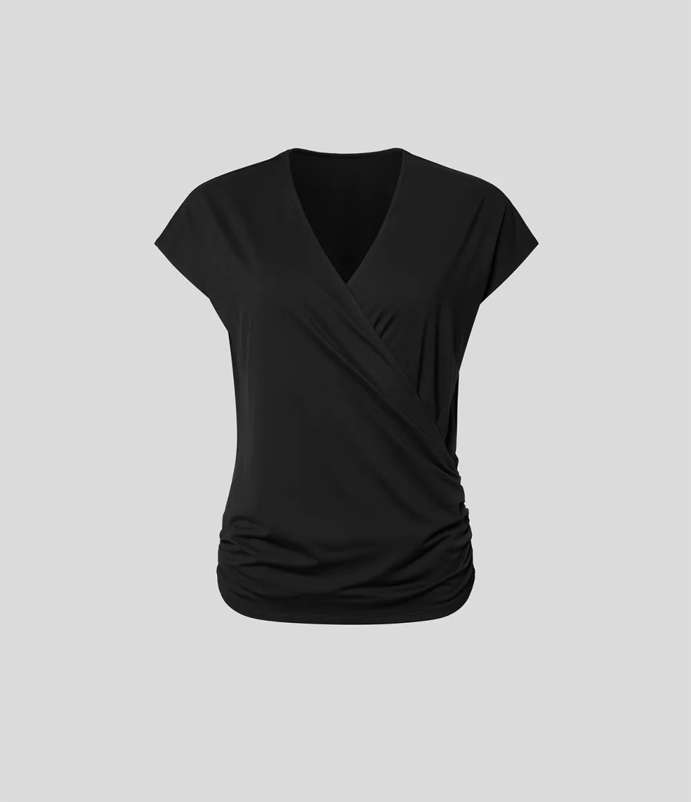 V Neck Cap Sleeve Crossover Ruched Solid Work Blouse