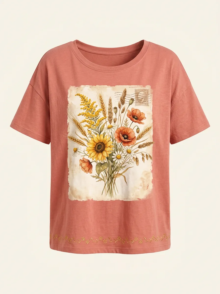 Women's Botanical Nature Lover Sunflower Poppy Printed T-shirt