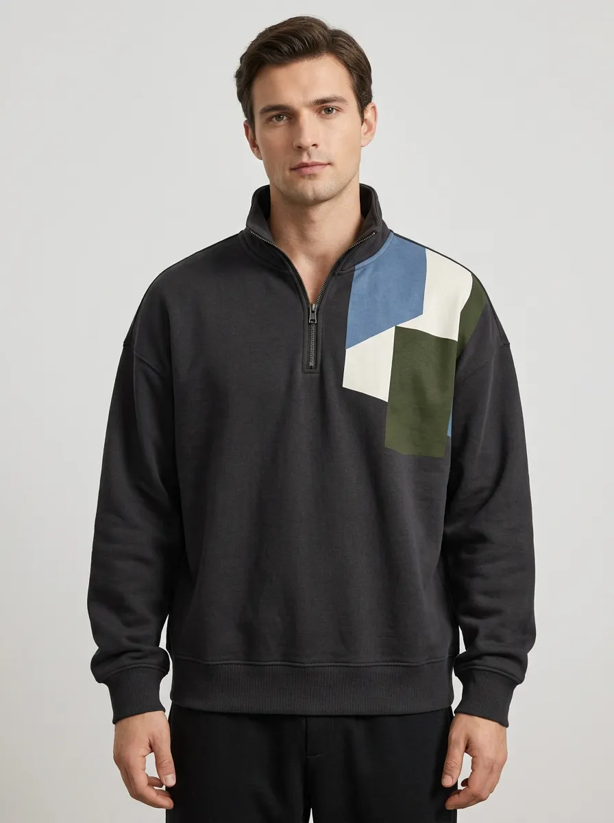 Casual Half-Zip Geometric Colorblock Men's Half-Zip Sweatshirt