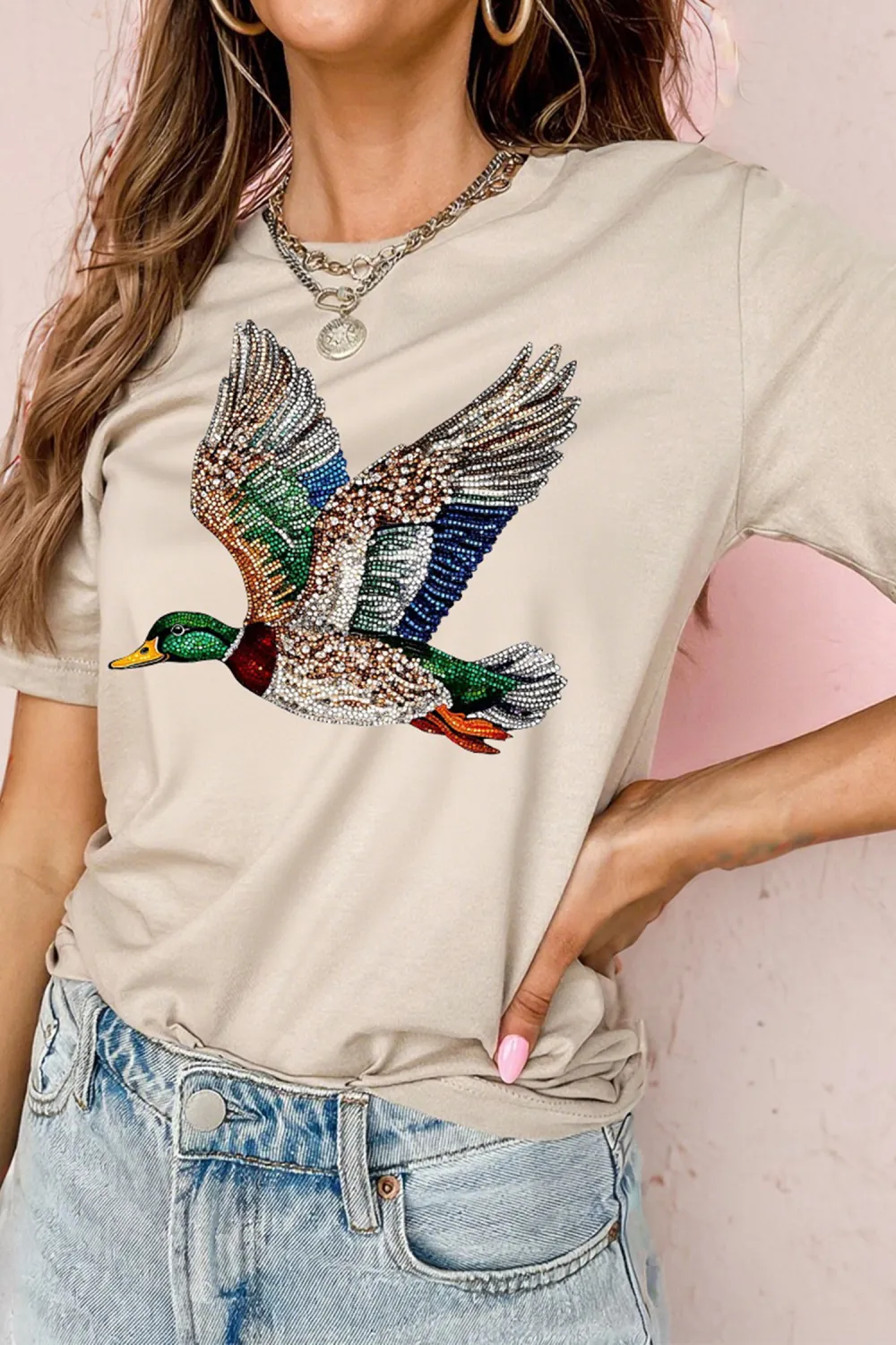 Khaki Flying Mallard Print Crew Tee