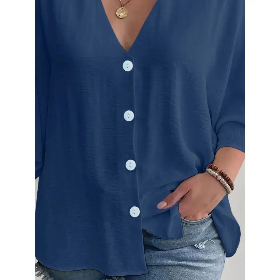 Full Size Casual V Neck Button Down Relaxed Fit Blouse Plus Size