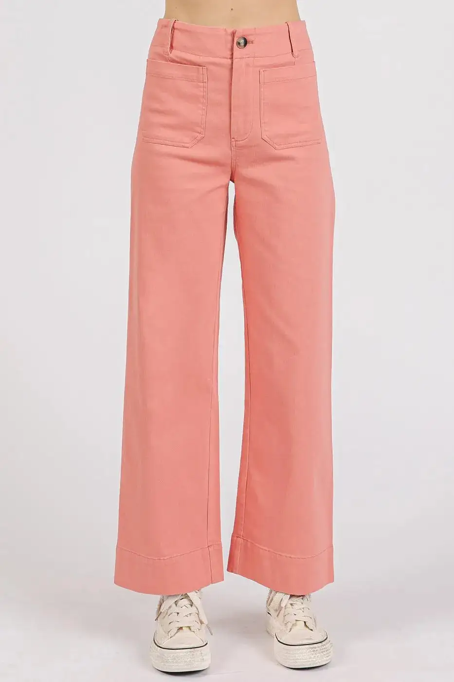 Twill Patch Pocket High Rise Wide Leg Pants