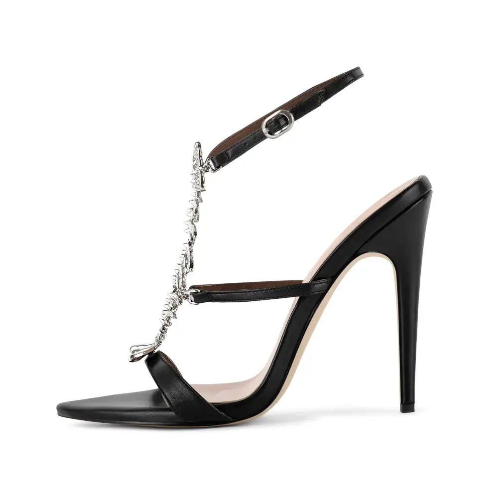 Pointed Toe Metal Fishbone Rhinestone Ankle Strap Sandals