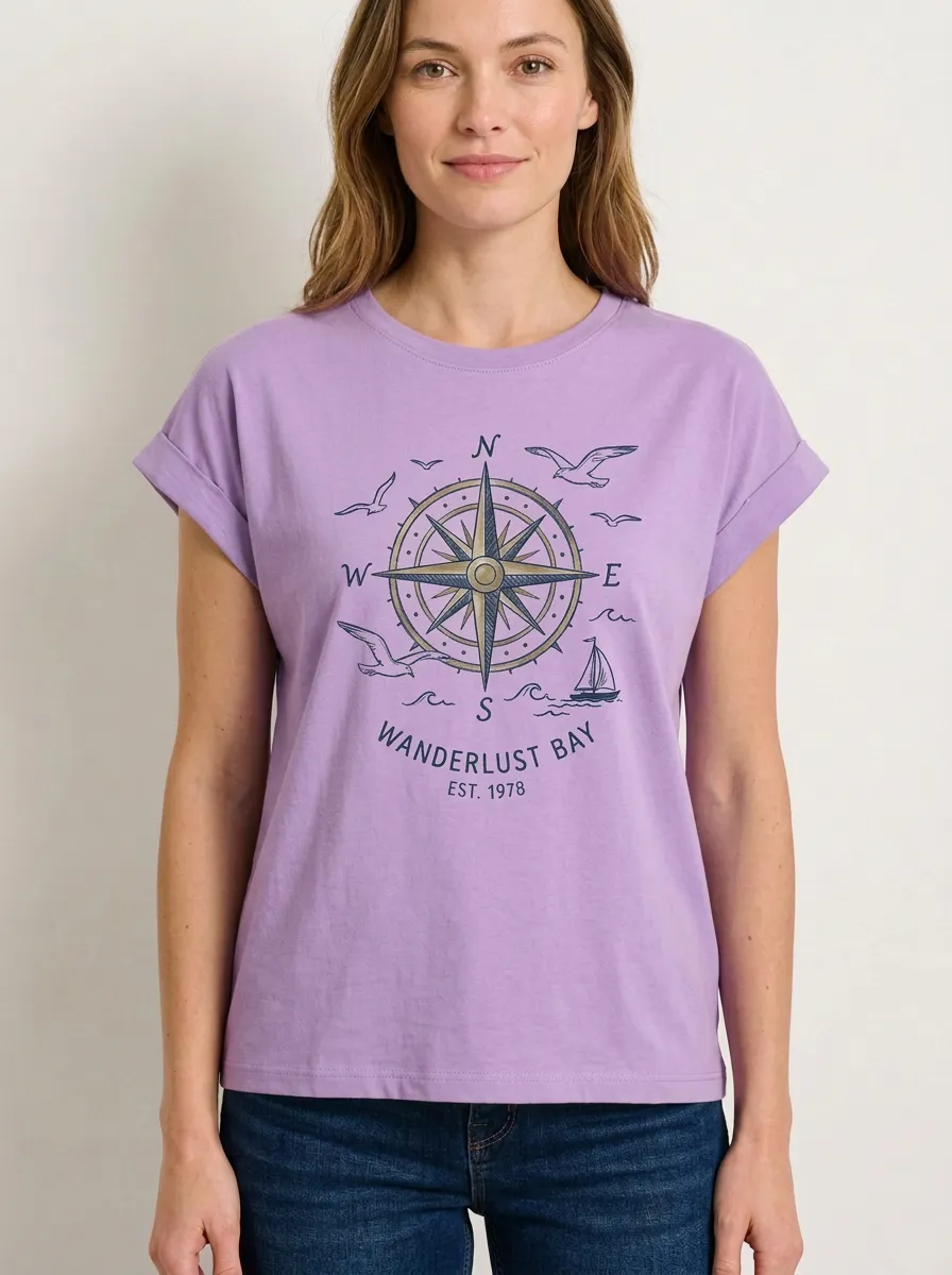 Women's Nautical Travel Lover Compass Sailboat Printed T-shirt