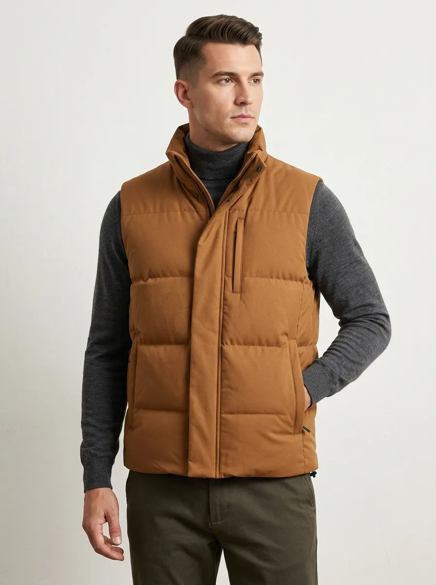 Men's Camel Stand Collar Quilted Layering Vest