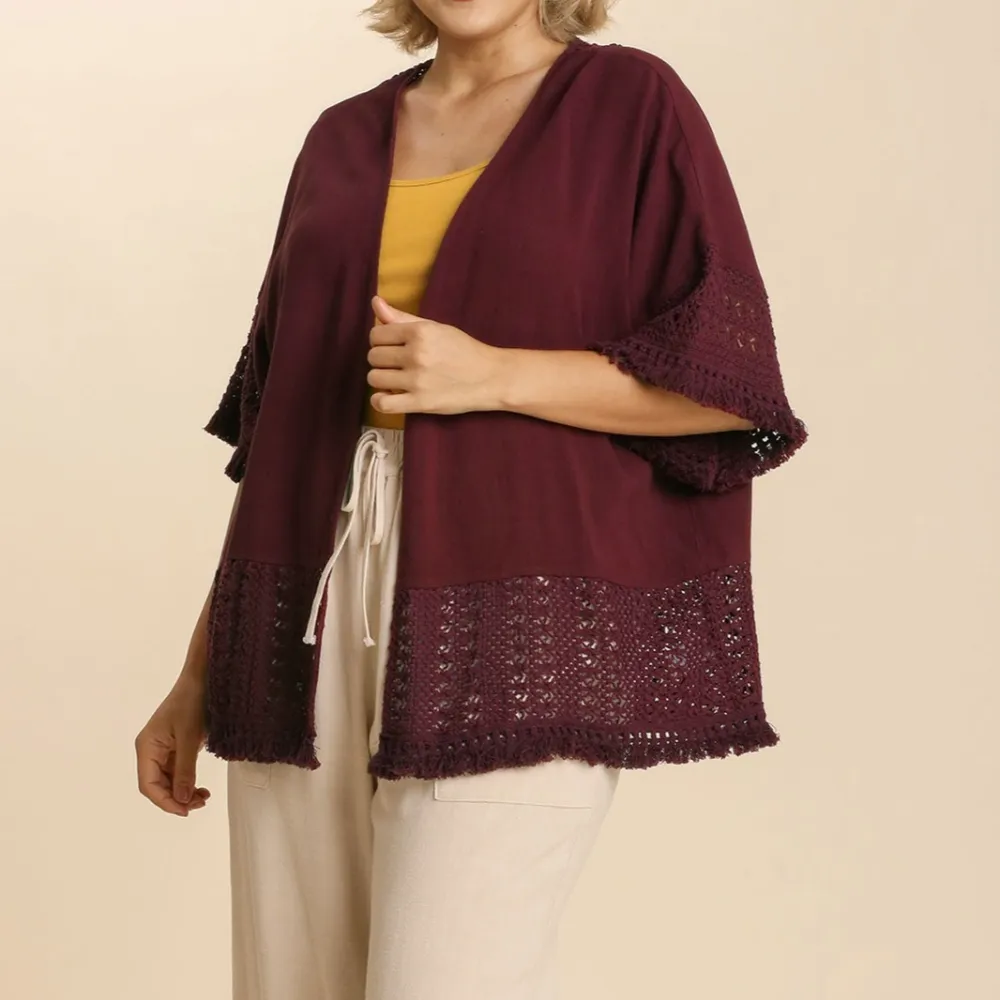 Classic Open Front Crochet Lace Detail Dropped Shoulder Cardigan