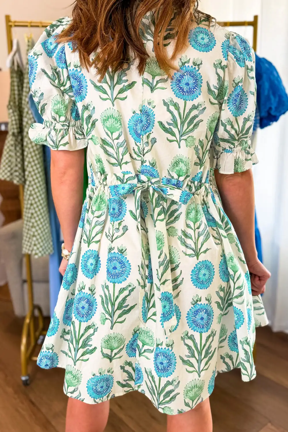 Women's Floral Print Short Sleeve Half Button Frilled Dress