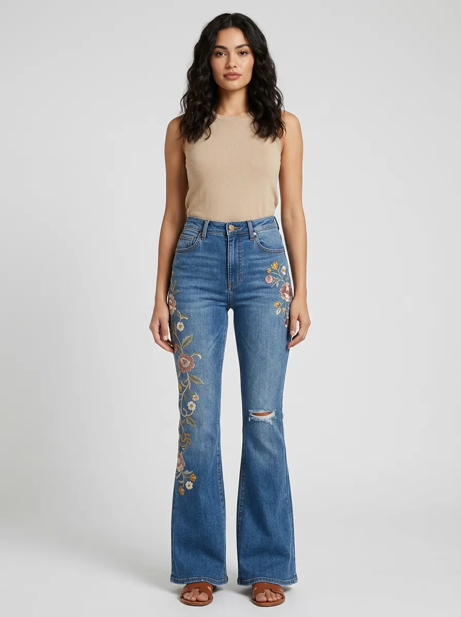 Women's Medium Wash Floral Embroidery High-Rise Distressed Flare Jeans