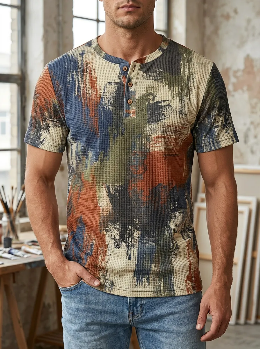 Men's Classic Abstract Art Waffle Knit Henley T-Shirt