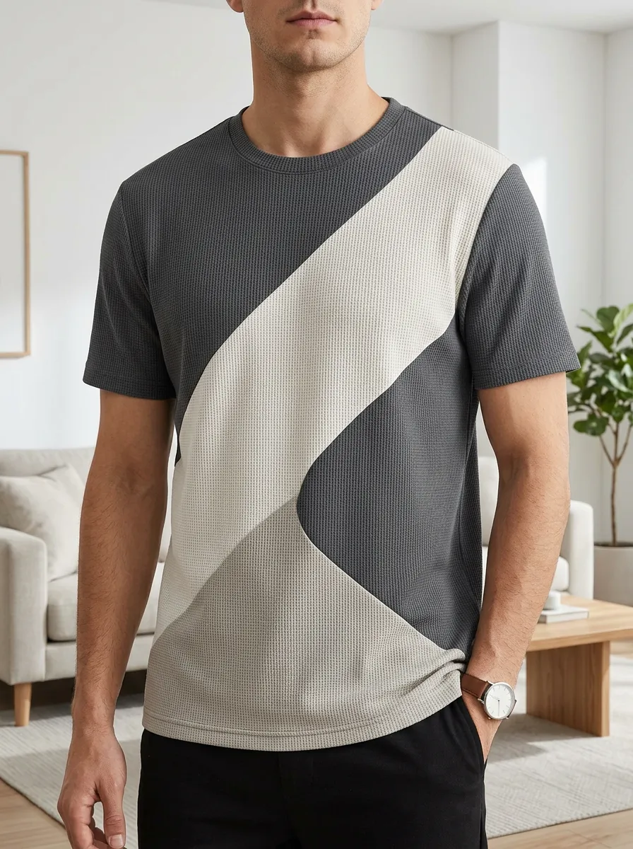 Men's Casual Minimalist Diagonal Colorblock Waffle Knit Signature Crew Neck T-Shirt