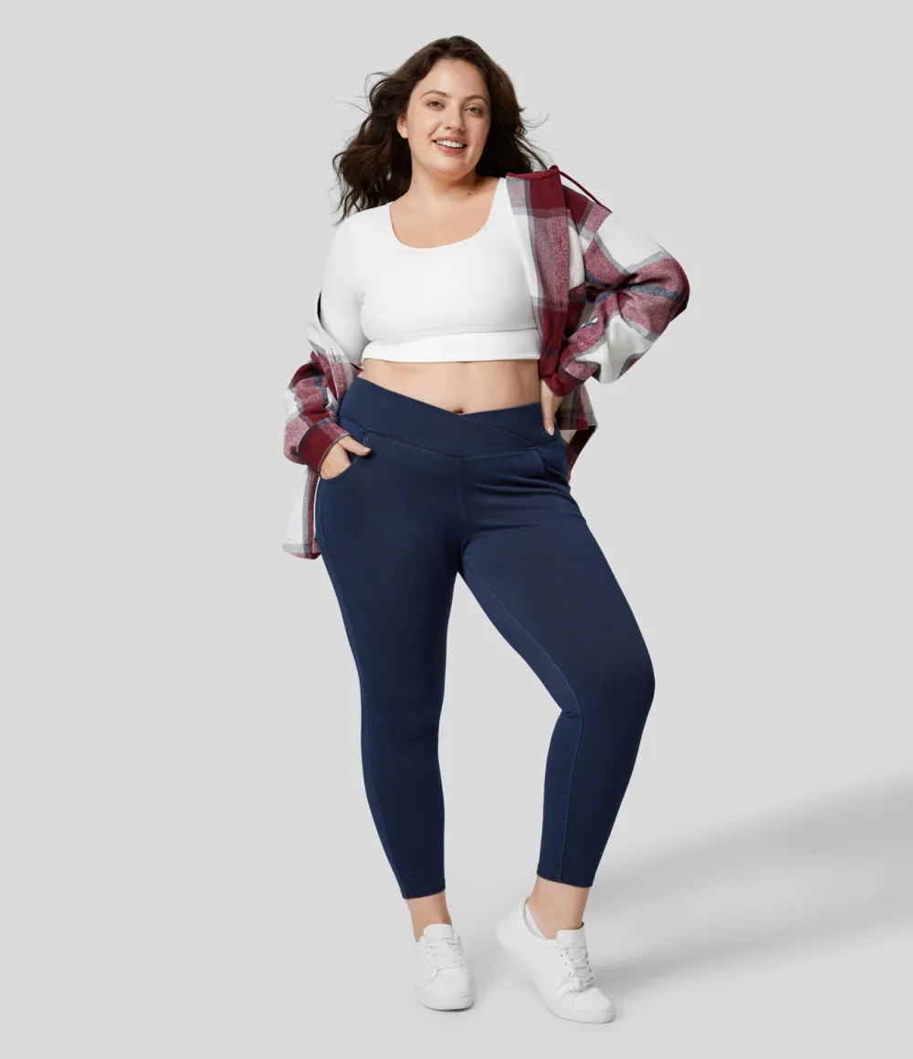 Magic High Waisted Crossover Multiple Pockets Stretchy Knit Denim 7/8 Plus Size Work Leggings