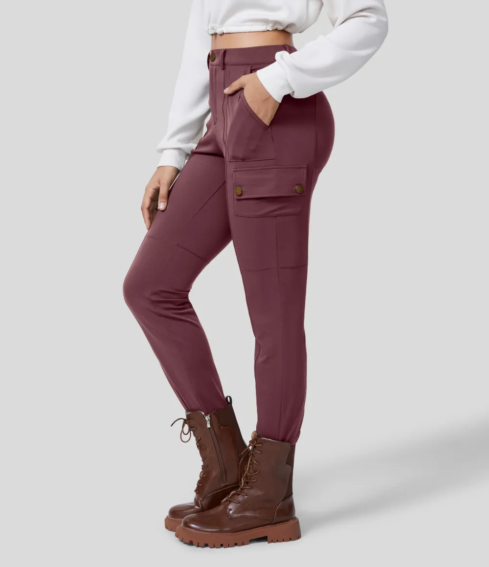High Waisted Button Zipper Multiple Pockets Solid Skinny Cargo Pants