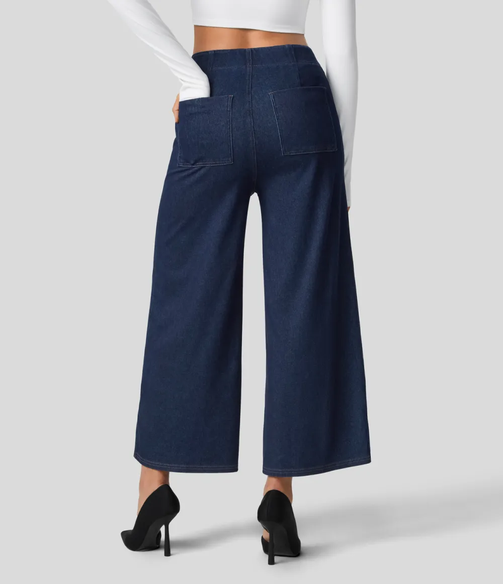 Magic High Waisted Button Pockets Washed Stretchy Knit Casual Wide Leg Jeans