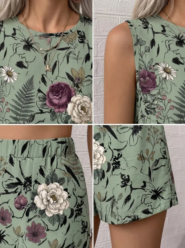 Women's Botanical Garden Floral Printed Sleeveless Shorts Set