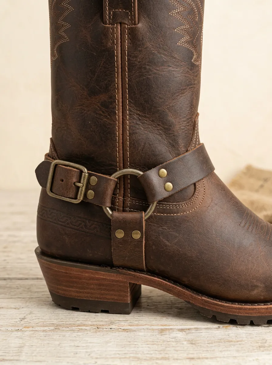 Men's Western Cowboy Brown Leather Wing Stitched Buckle Boots
