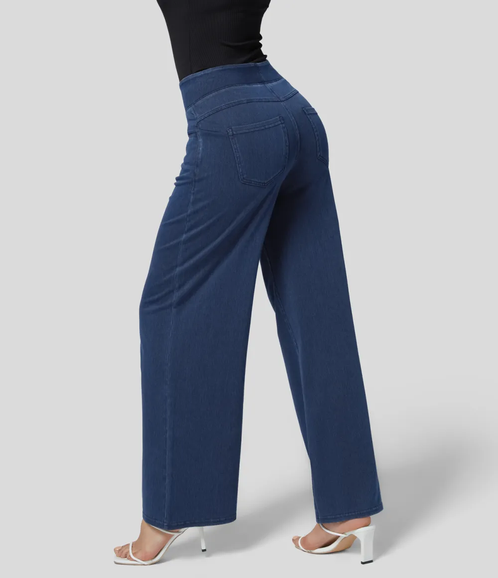 Magic High Waisted Multiple Pockets Wide Leg Loose Stretchy Knit Work Jeans