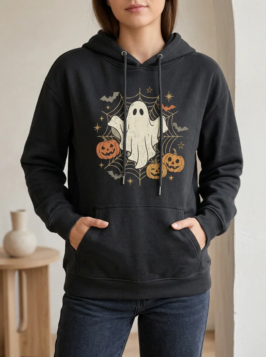 Women's Halloween Ghost Pumpkin Spiderweb Printed Hoodie