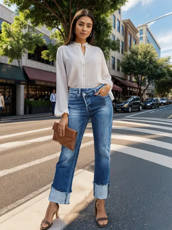 Stepped Waist Raw Hem Rolled Straight Denim Jeans