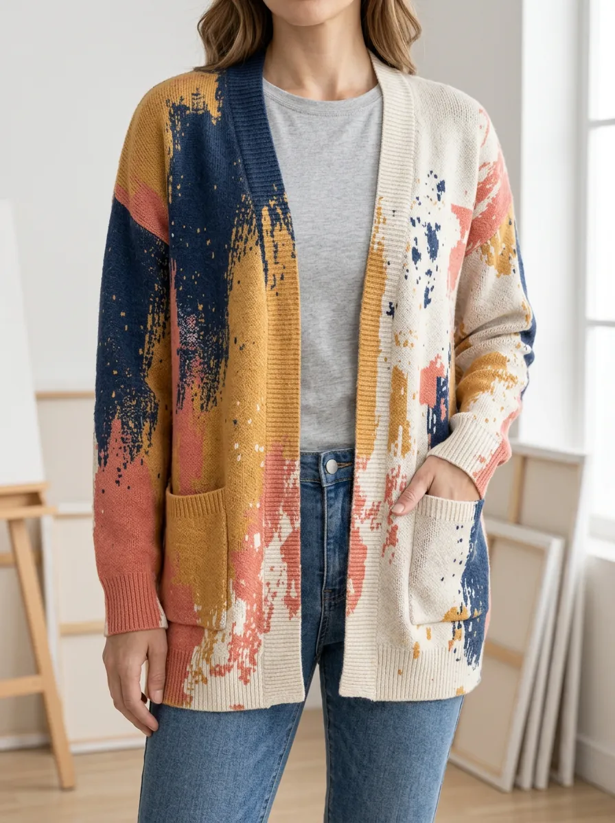 Women's Abstract Art Paint Splatter Pattern Printed Cardigan
